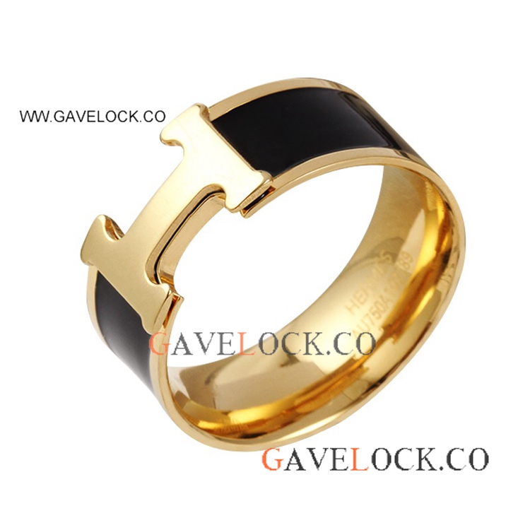 Best Copy Hermes Clic Clac H Yellow Gold Ring Black enamel
